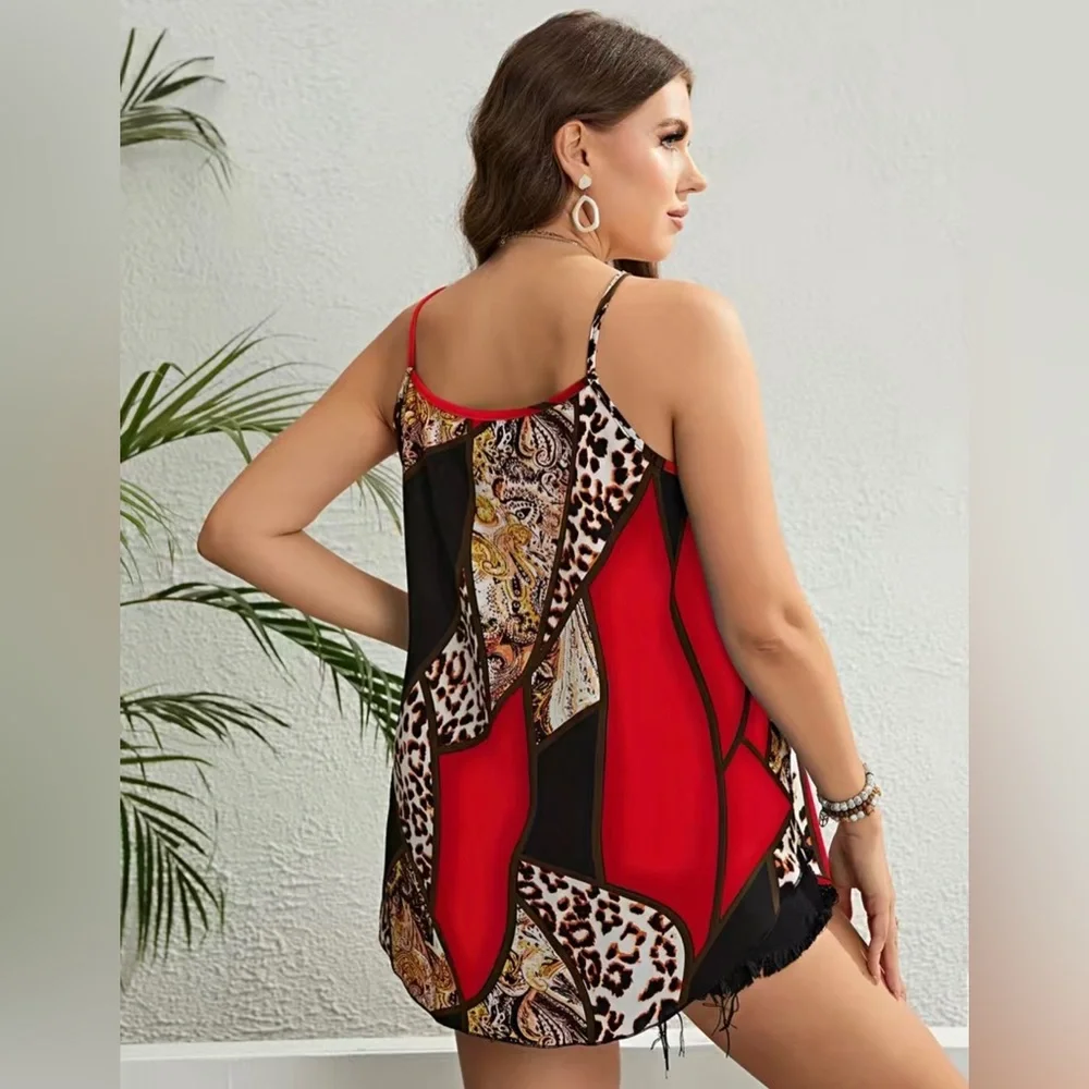 Plus Size Colorblock Leopard Print Curved Hem Cami Top - Picture 2 of 6